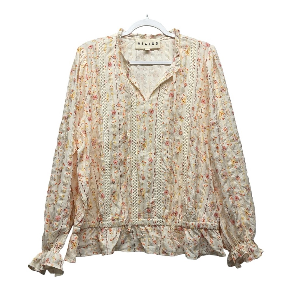 HIATUS Cream Floral Cottagecore Feminine Blouse Size 2X Long Sleeve Split Neck